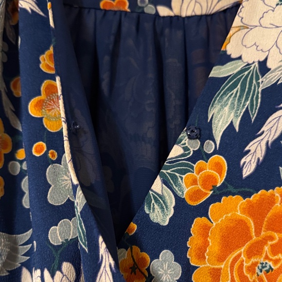 Floral Navy Wrap Dress with Gold Accents - Picture 4 of 10